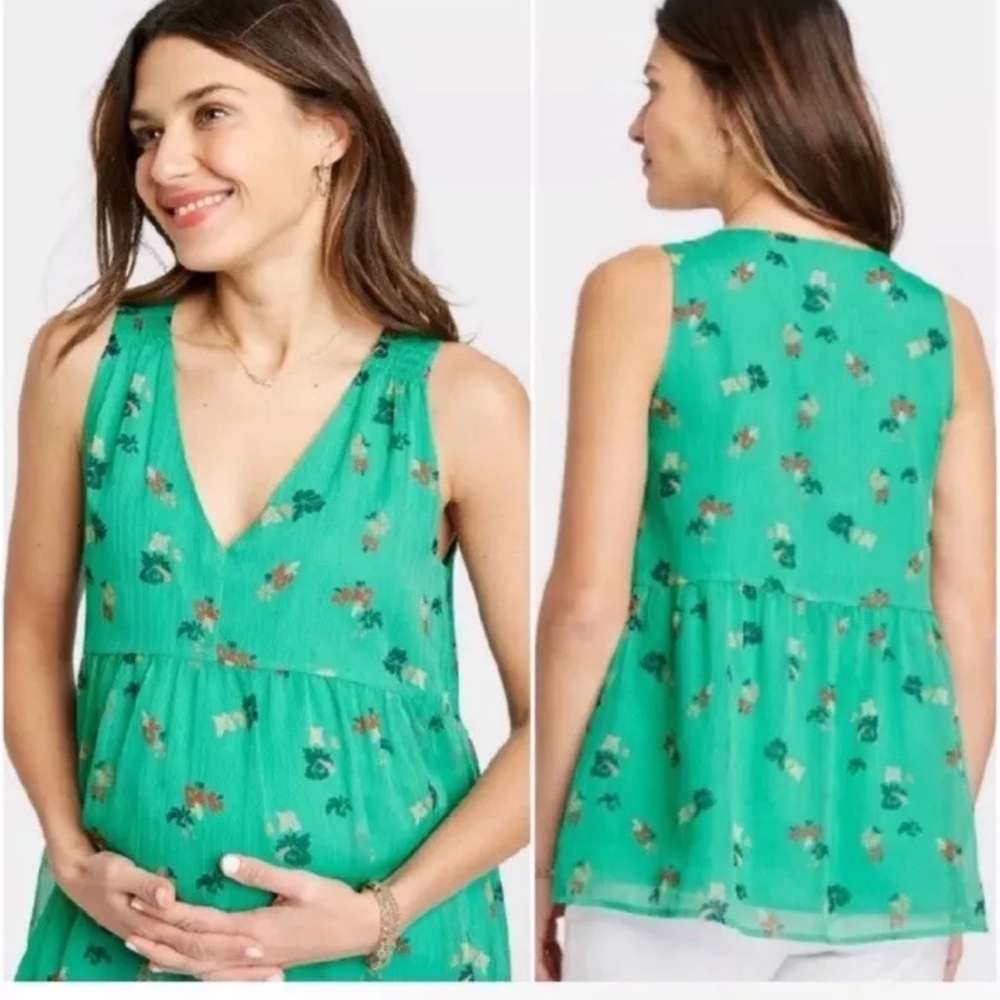 The Nines by Hatch Green Floral Sleeveless Maternity Blouse Small